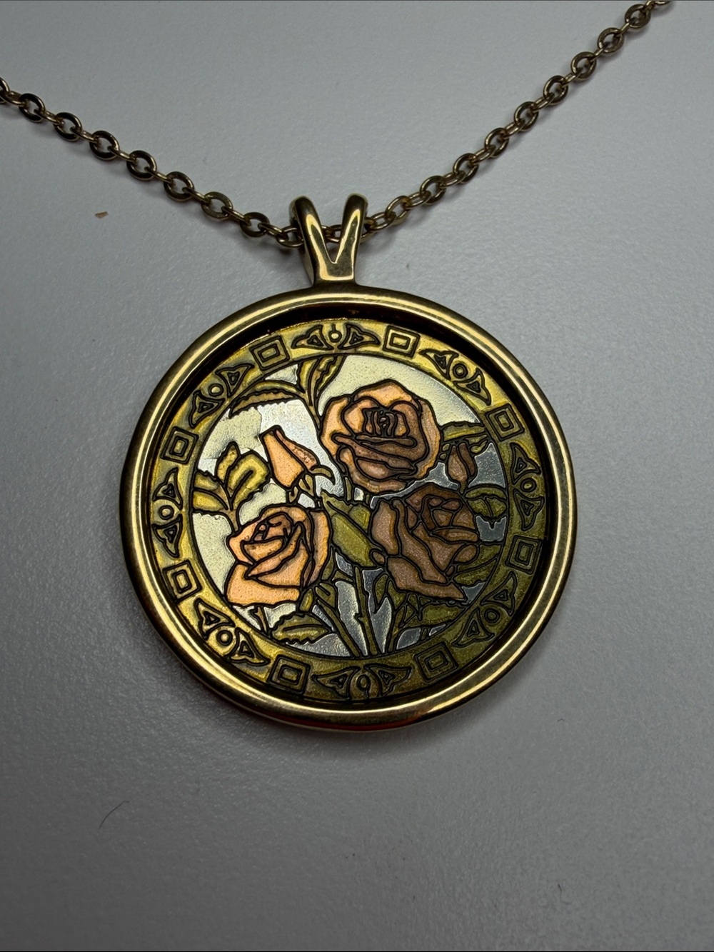 Floral Rose Medallion Pendant Necklace - Gold and Peach